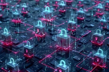 Intricate network of glowing digital locks in a cybernetic environment, security theme