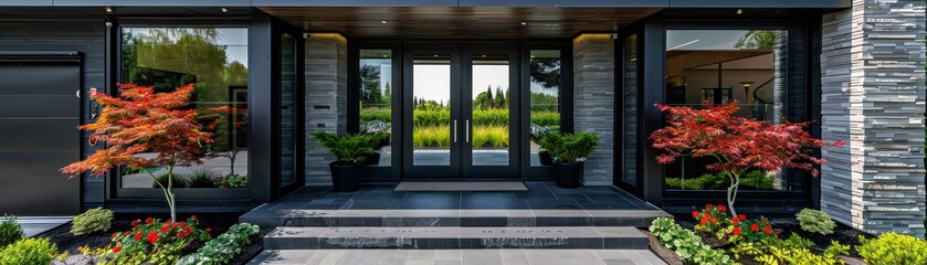 Modern black home entrance with minimalist style and vibrant floral accents