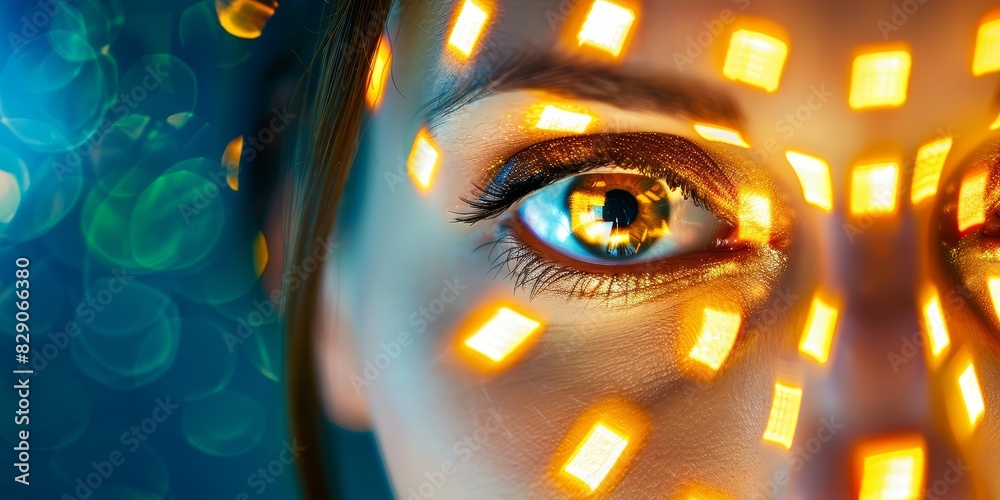 Aufkleber close-up of a human eye surrounded by glowing digital lights, symbolizing the integration of technol