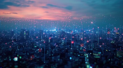 cityscape at dusk with a digital network overlay representing smart city connectivity and technological innovation. This futuristic urban landscape showcases the integration of data, communication