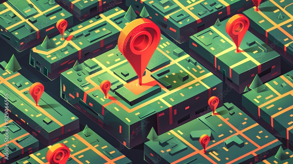 Poster Group of various green and red buildings marked with red pins on a GPS tracking map. Isometric abstract background illustrating navigation and mapping. Generative AI