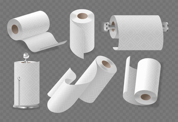 Collection Of Various Paper Towels And Holders Isolated On Transparent Background. Realistic 3d Vector Paper Towel Rolls
