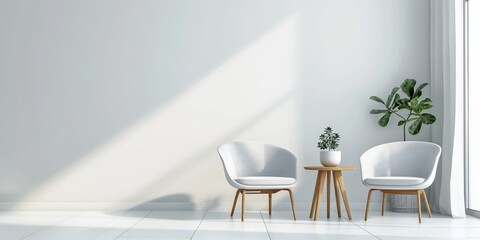 A serene, bright space featuring two white chairs, a wooden table, and a potted plant, bathed in natural sunlight