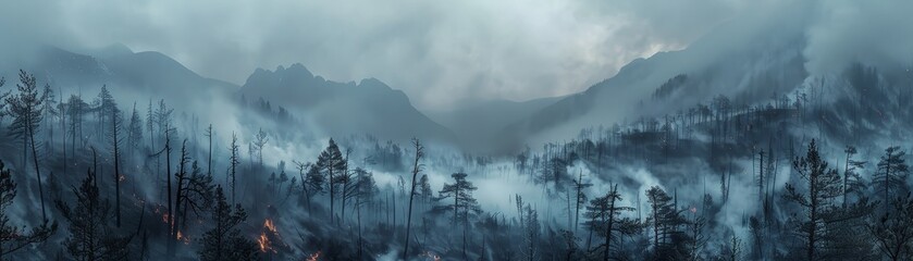 Misty aftermath of forest fire under the mountain range