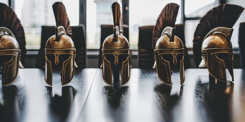Row of ancient warrior helmets, symbolizing historical military traditions and warrior culture, showcasing antique bronze headgear used in ancient Greek and Roman battlefields, Generative AI