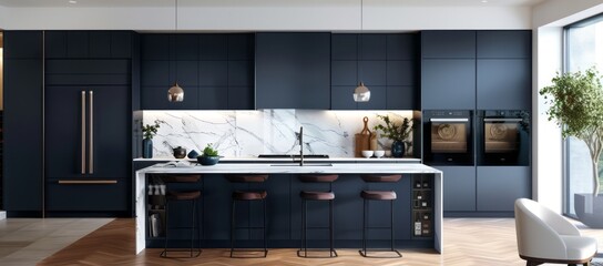 Modern blue kitchen with sleek navy cabinets, white marble countertops, and integrated appliances