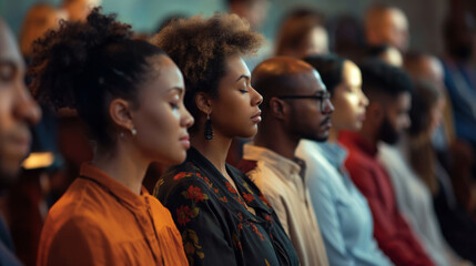 Fototapeta premium Group of people from different cultures united in prayer in church