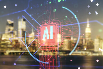 Double exposure of creative artificial Intelligence abbreviation hologram on blurry office...
