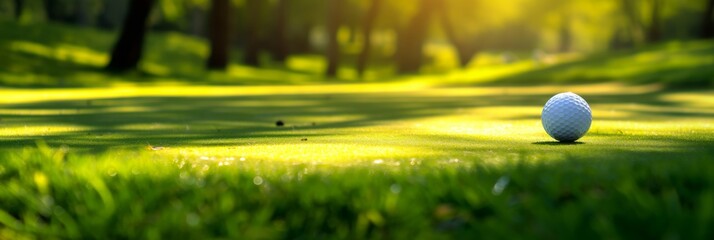 A golf ball sits on the lush, sunny fairway with a hole nearby, conveying a sense of precision, sport, and leisure