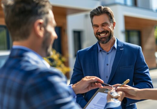 A real estate agent is handing over the keys to their new home, while an excited couple smiles and hugs in front of it. The house is modern with white walls and a blue roof, surrounded by green grass - Powered by Adobe