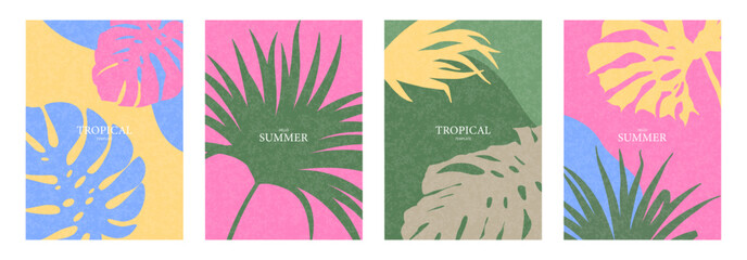 Set of minimalist cards with tropical leaves. Modern flat design with grainy texture. Creative template for promotional materials, sales, poster, branding and more.
