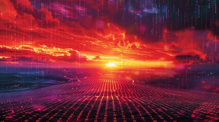 Fototapeta premium Matrix-inspired code a fiery cyber sunrise backdrop 