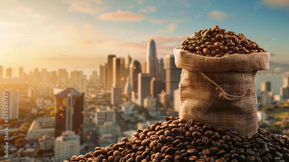 Poster bag of coffee beans placed on top of a mound of coffee beans in an urban setting. generative ai
