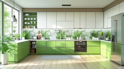 Modern green kitchen interior featuring a two-tone design with green lower cabinets and white upper cabinets, modern appliances