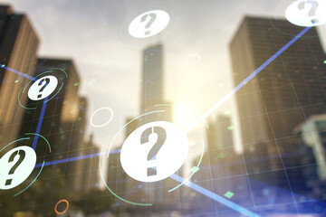 Abstract virtual question mark illustration on office buildings background. FAQ and search concept. Multiexposure