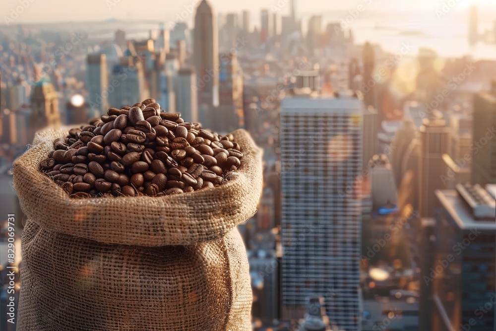 Poster A sack of coffee beans placed on the rooftop of a city building with an urban skyline in the background. Generative AI