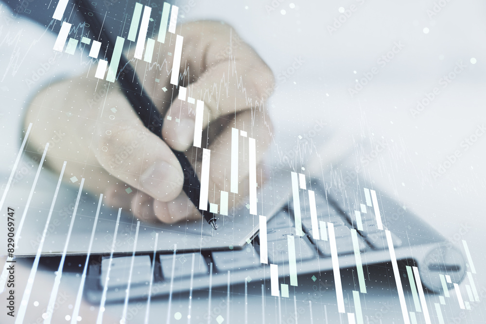 Aufkleber multi exposure of abstract financial graph with hand writing in notebook on background, financial an