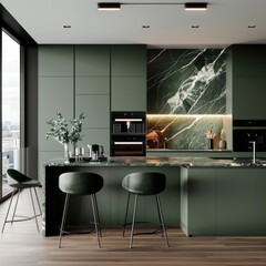 Modern green kitchen interior featuring hunter green cabinets, marble countertops, and integrated lighting