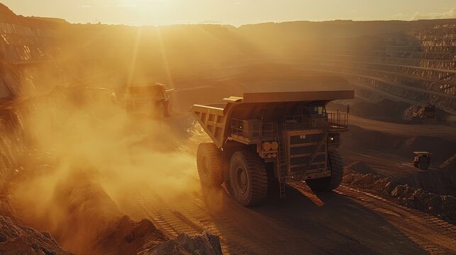 Massive mining truck forges through a quarry in harsh sunlight.