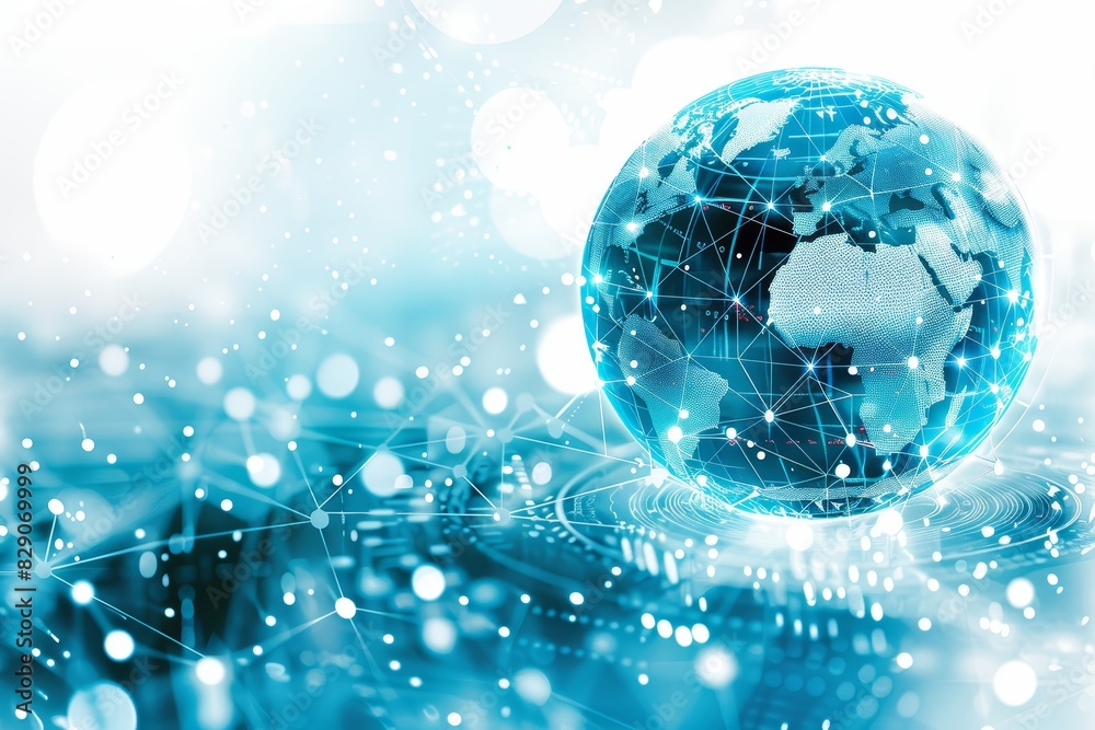 Poster Digital representation of the world connected through a network of data and technology, highlighting the importance of global communication, Generative AI