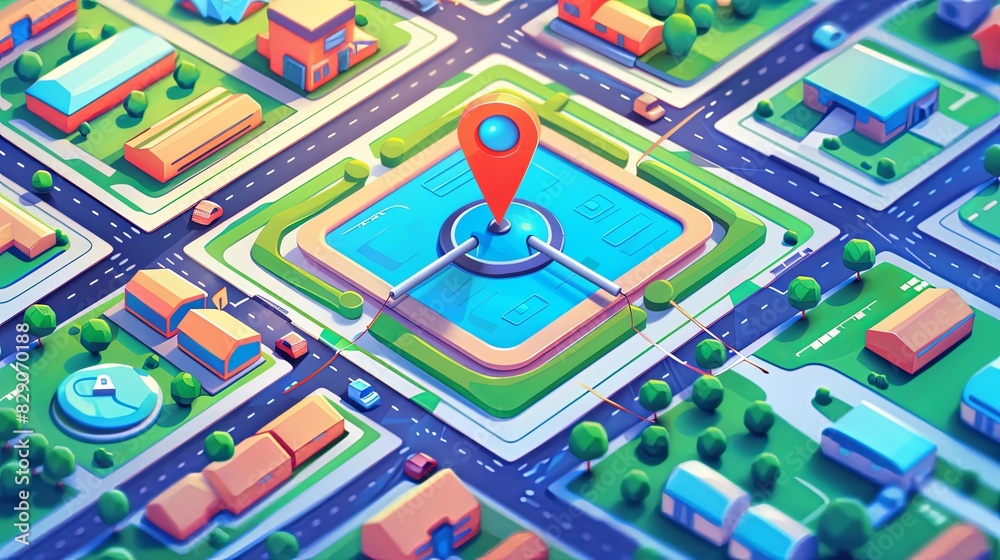 Poster a map showing a red pin for gps tracking and navigation purposes in an isometric style. generative a