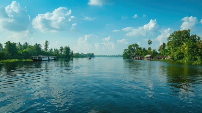 A calm body of water with a few small houses floating on it