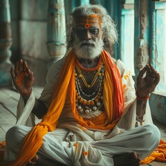 An Indian man in traditional attire, adorned with vibrant colors, striking different meditative poses, standing against the backdrop of an empty minimalist room in an old house, with bright sunlight s