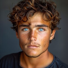 Portrait of 1 young man of model appearance on a plain gray background in a photo studio, waist-length portrait with professional model poses and blue eyes