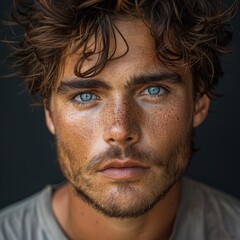 Portrait of 1 young man of model appearance on a plain gray background in a photo studio, waist-length portrait with professional model poses and blue eyes