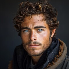 Portrait of 1 young man of model appearance on a plain gray background in a photo studio, waist-length portrait with professional model poses and blue eyes