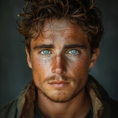 Portrait of 1 young man of model appearance on a plain gray background in a photo studio, waist-length portrait with professional model poses and blue eyes