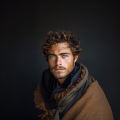 Portrait of 1 young man of model appearance on a plain gray background in a photo studio, waist-length portrait with professional model poses and blue eyes