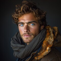 Portrait of 1 young man of model appearance on a plain gray background in a photo studio, waist-length portrait with professional model poses and blue eyes