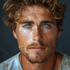 Portrait of 1 young man of model appearance on a plain gray background in a photo studio, waist-length portrait with professional model poses and blue eyes