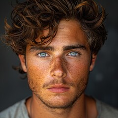 Portrait of 1 young man of model appearance on a plain gray background in a photo studio, waist-length portrait with professional model poses and blue eyes