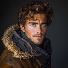 Portrait of 1 young man of model appearance on a plain gray background in a photo studio, waist-length portrait with professional model poses and blue eyes