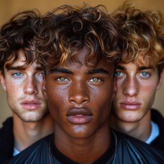 Portrait of 3 young man with different hair types and colors, focusing on their hair and hairstyles, pure natural skin, against a neutral bronze background, naturally shiny hair