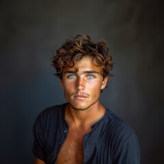 Portrait of 1 young man of model appearance on a plain gray background in a photo studio, waist-length portrait with professional model poses and blue eyes