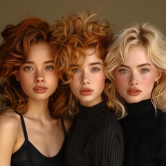 Portrait of 3 young women with different hair types and colors, focusing on their hair and hairstyles, as for a shampoo advertisement, against a neutral bronze background, naturally shiny hair