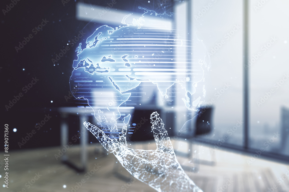 Aufkleber double exposure of abstract digital world map and modern desk with computer on background, big data 