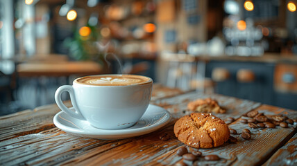 a hot cup of coffee with a biscotti on a wooden table,generative ai