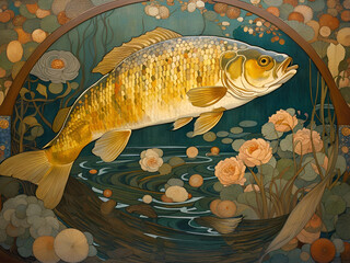 Decorative art nouveau illustration of a carp and plants in an ornate decorative water background