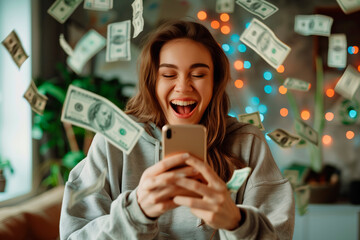 Young woman celebrates winning money online with smartphone surrounded by flying cash and colorful lights
