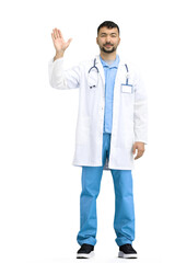 The doctor, in full height, on a white background, waving his hand