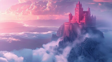 Fototapeta premium Majestic pink castle on mountain landscape