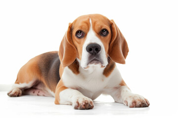 Adorable Beagle Dog Lying Down on a White Background. Loyal companion with playful nature