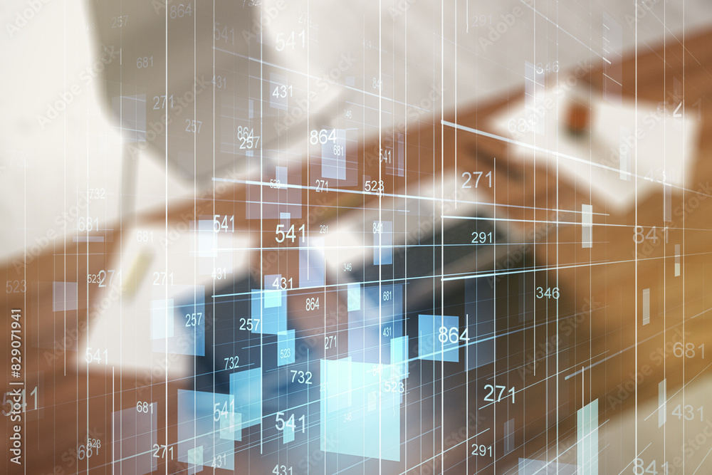 Poster Abstract creative analytics data spreadsheet and modern desktop with pc on background, analytics and analysis concept. Multiexposure