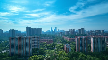 Panoramic view of a city with numerous high-rise buildings and abundant green spaces, illustrating urban planning that incorporates nature.