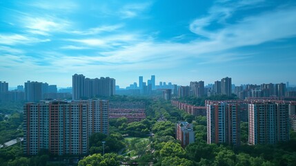 Obraz premium Panoramic view of a city with numerous high-rise buildings and abundant green spaces, illustrating urban planning that incorporates nature.