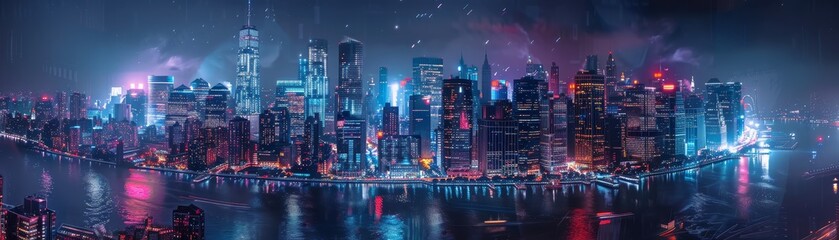 Obraz premium Magnified urban nightscape highlighting the city's vibrancy and details